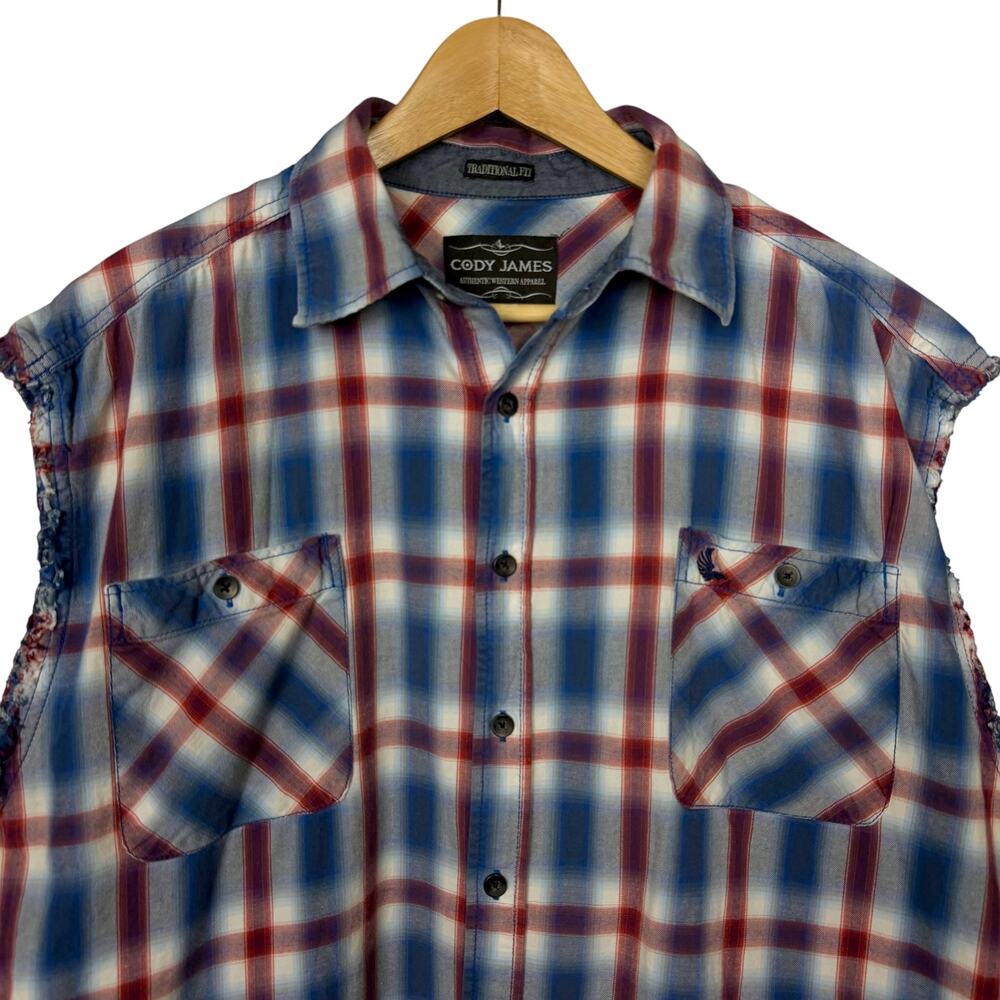 Cody James Western Plaid Sleeveless Shirt Mens Large Red Blue Cutoff Cowboy - Picture 4 of 10
